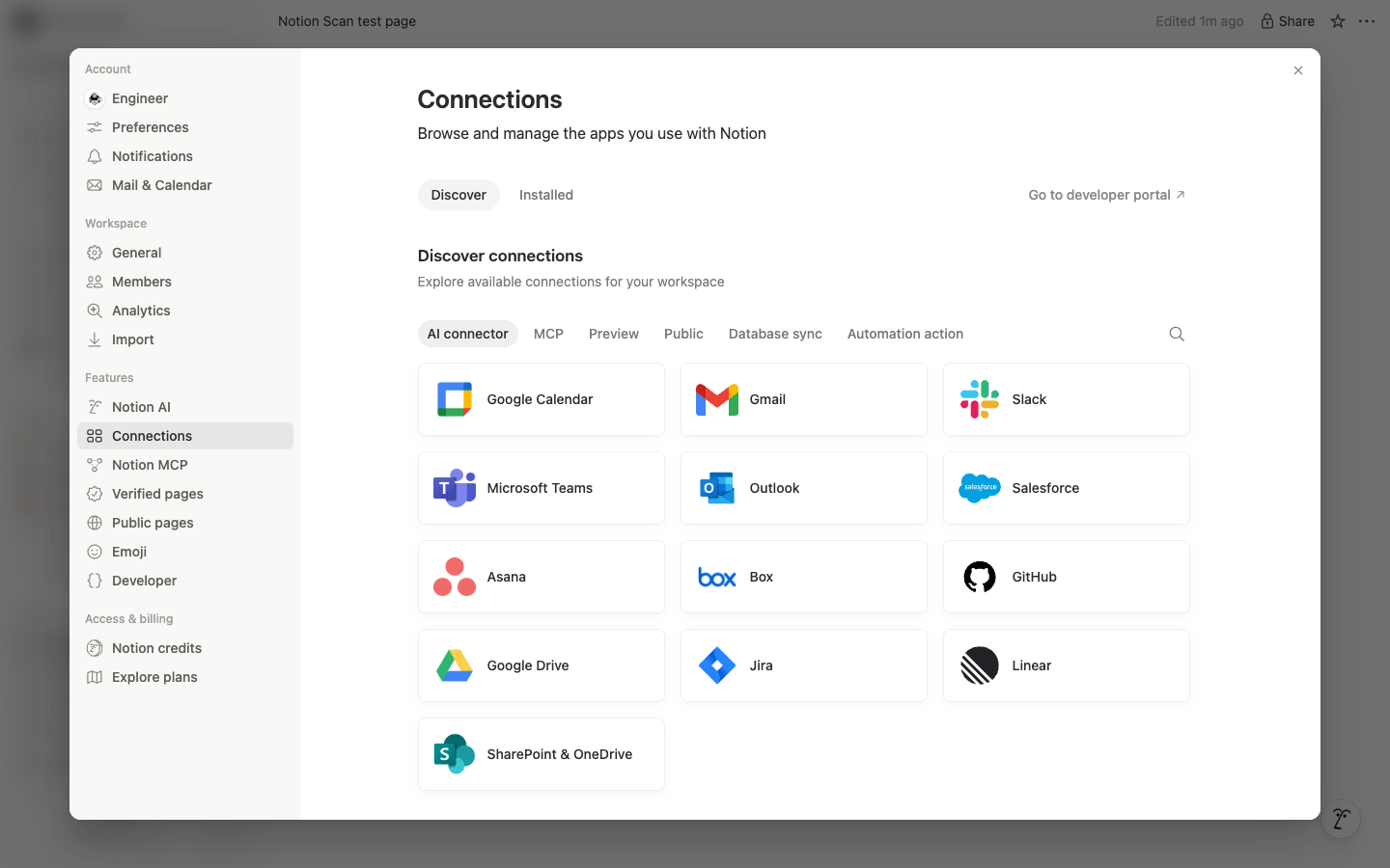 Settings, Connections tab, with the Go to developer portal link in the top right