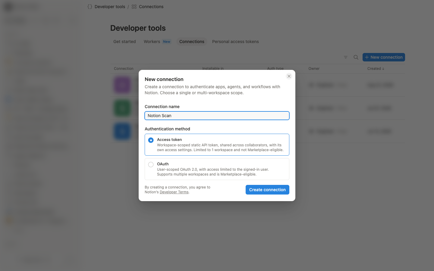 New connection dialog with the name filled in and Access token selected