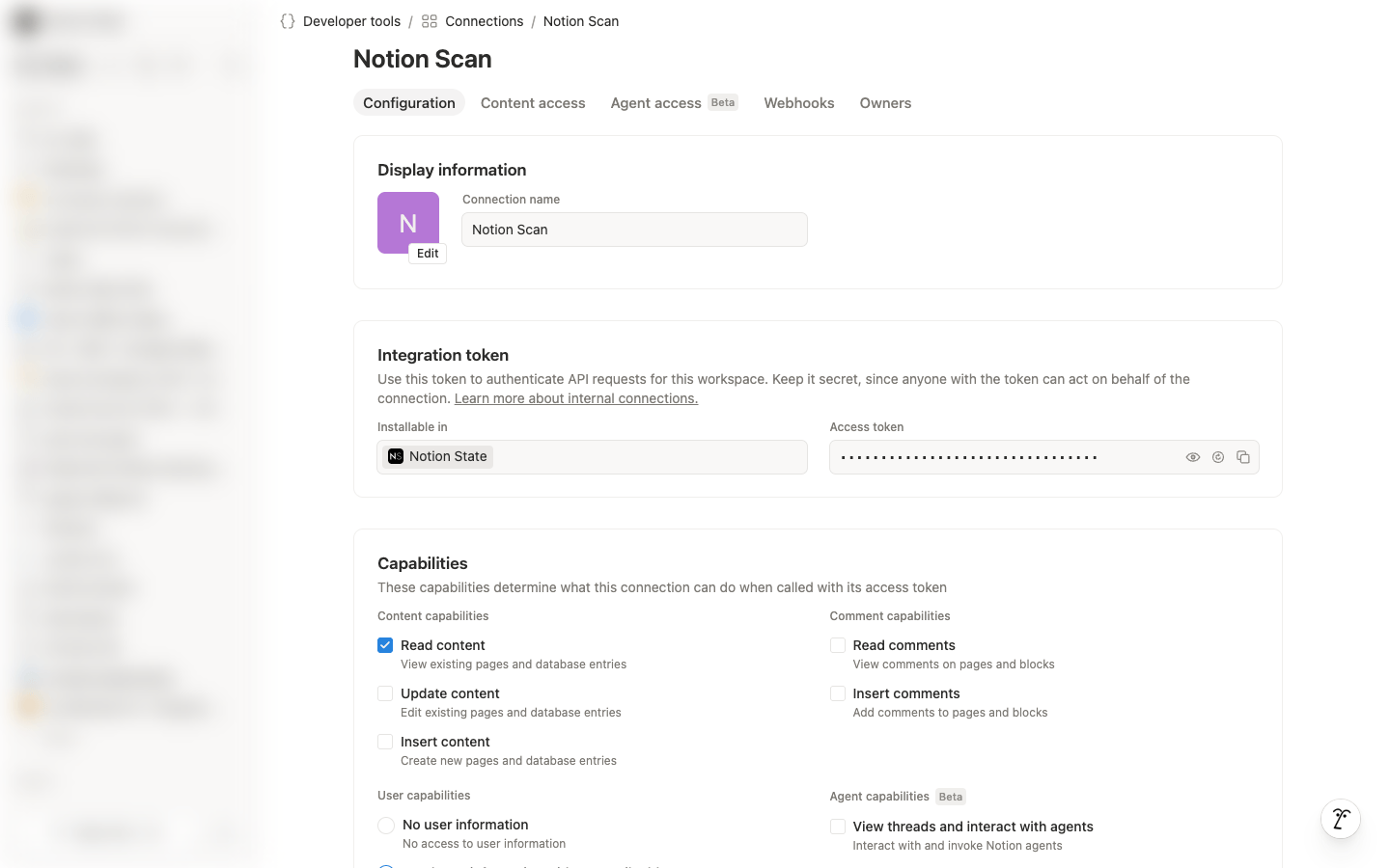 Configuration tab with the Integration token section and the hidden Access token