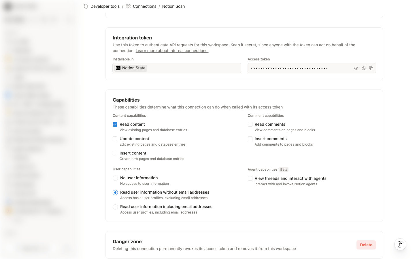 Capabilities set to Read content and Read user information without email addresses