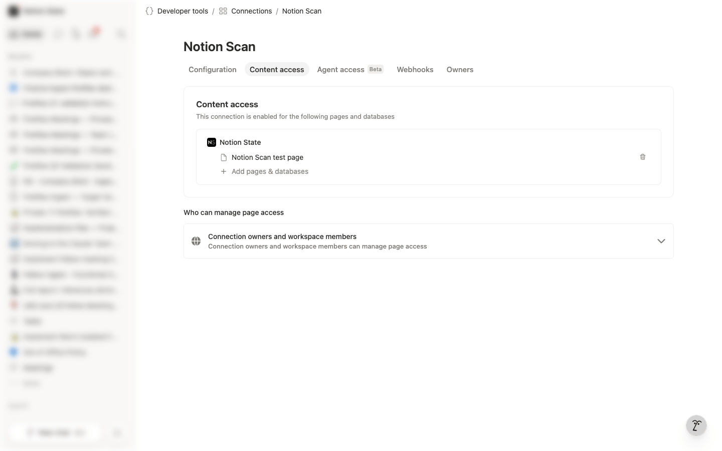Content access tab listing what the connection can already see, with the Add pages & databases button
