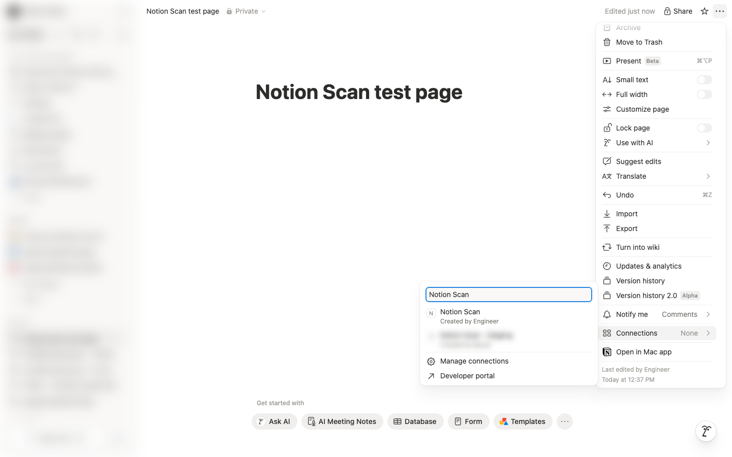 Page menu with Connections selected and Notion Scan found in the search