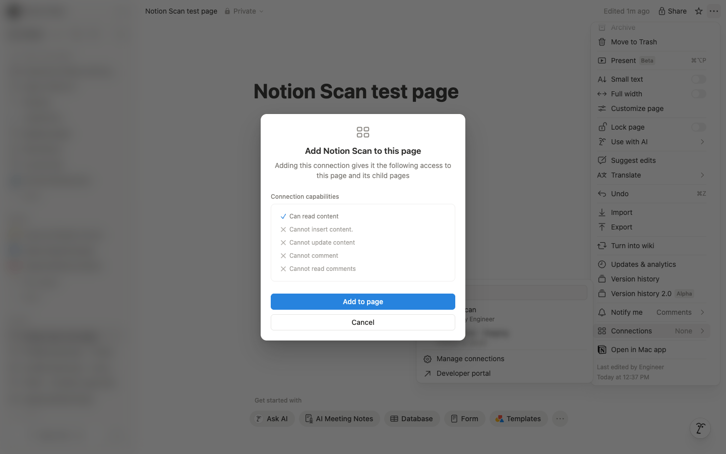 Confirmation dialog titled Add Notion Scan to this page, listing read-only capabilities