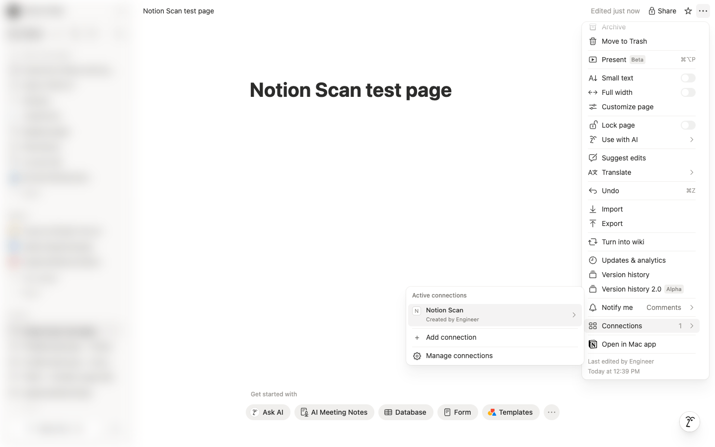 Connections menu showing Notion Scan under Active connections